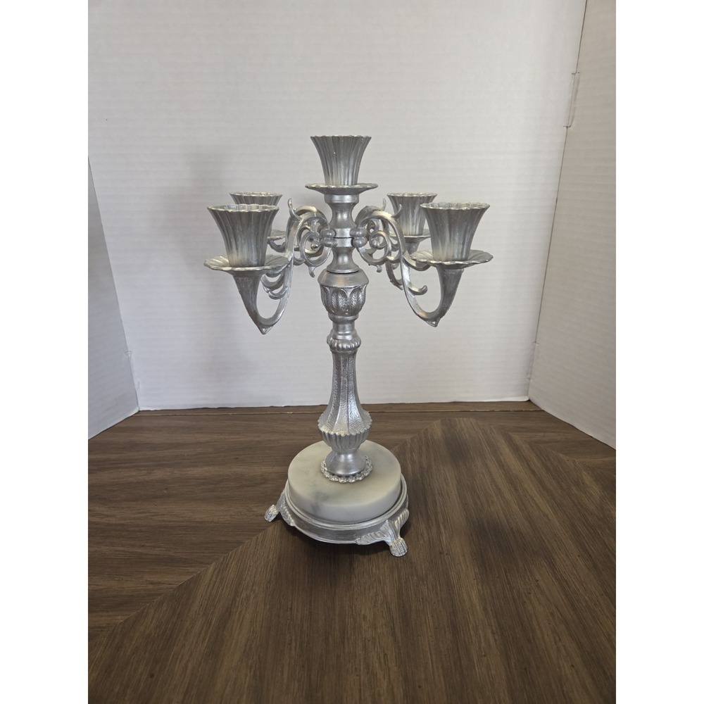 5-Arm Silver Plated Metal Candelabra, White Marble Base, Made in Italy 12 in